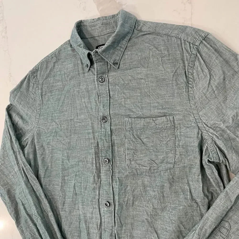 Express Button Up Long Sleeve Collared Shirt Gree… - image 3